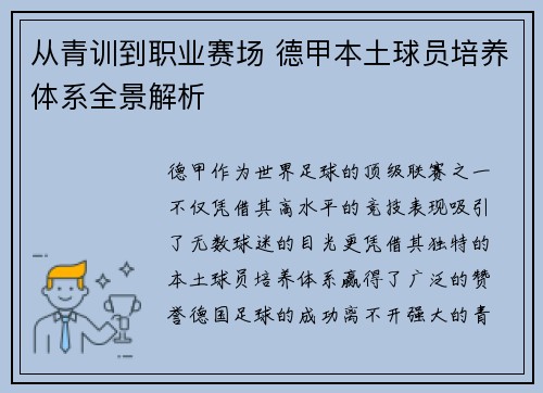 从青训到职业赛场 德甲本土球员培养体系全景解析